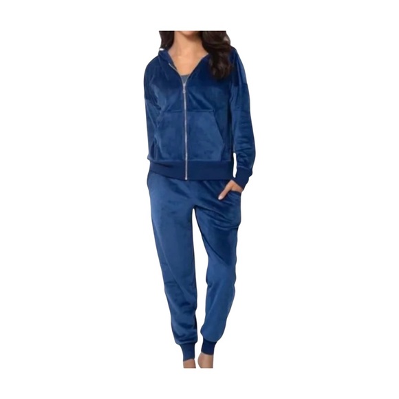 Women’s Velour Lounge Set Blue Zip Hoodie Jogger 2 Piece Outfit Size L Sweatpant - Picture 1 of 11